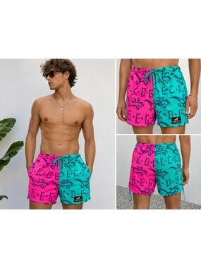 Vintage Gecko Hawaii Neon Colorblock Swim Trunks Shorts XL Pink Teal Gecko Print